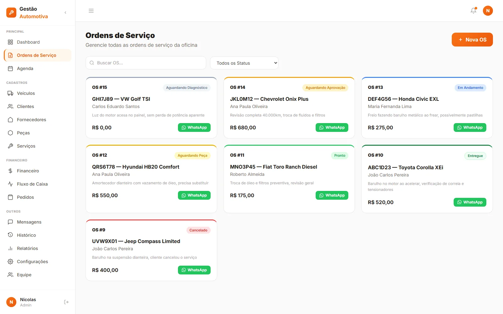 Tela de Ordens de Serviço com status colorido de cada veículo, do diagnóstico à entrega